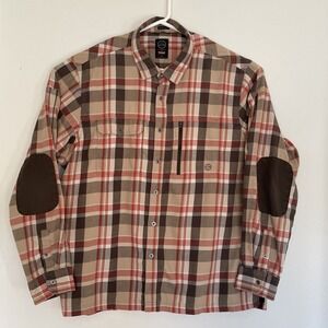 Wrangler ATG Shirt Mens 2XL Tan Brown Red Plaid Flannel Elbow Patches Zip Pocket